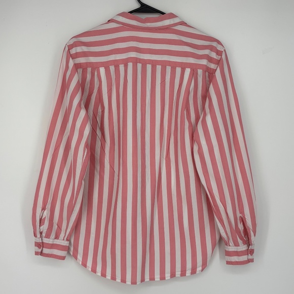 Loft Womens Small Button Up Shirt Pink White Cabana Stripe High Low Long Sleeves - Picture 5 of 7